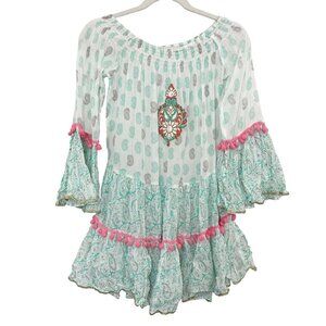 Debbie Katz White & Green Paisley Print Mini Dress Pom Pom Cover Up MEDIUM